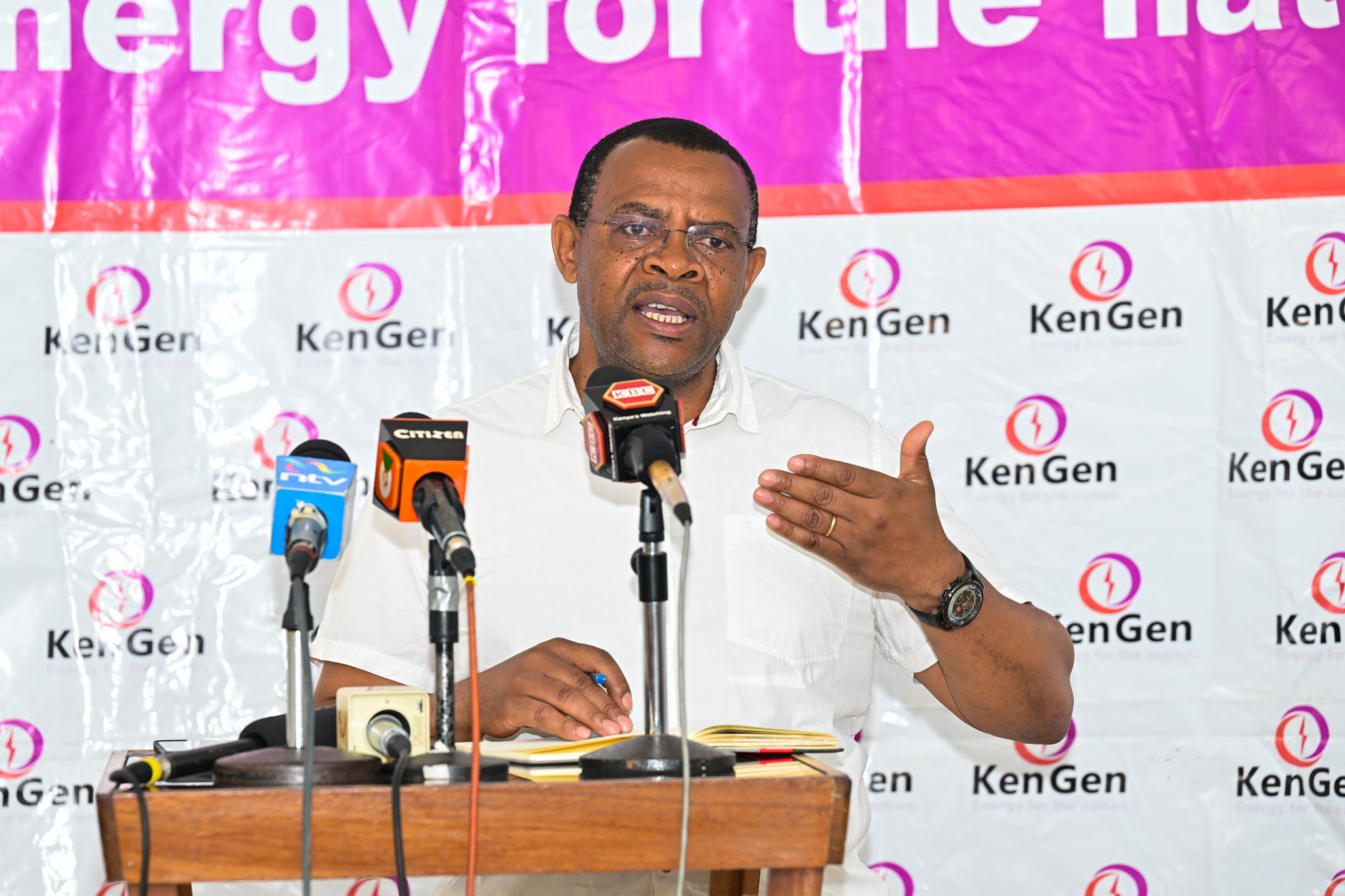 KenGen Managing Director CEO Eng. Peter Njenga addressing the media during the announcement of financial Results