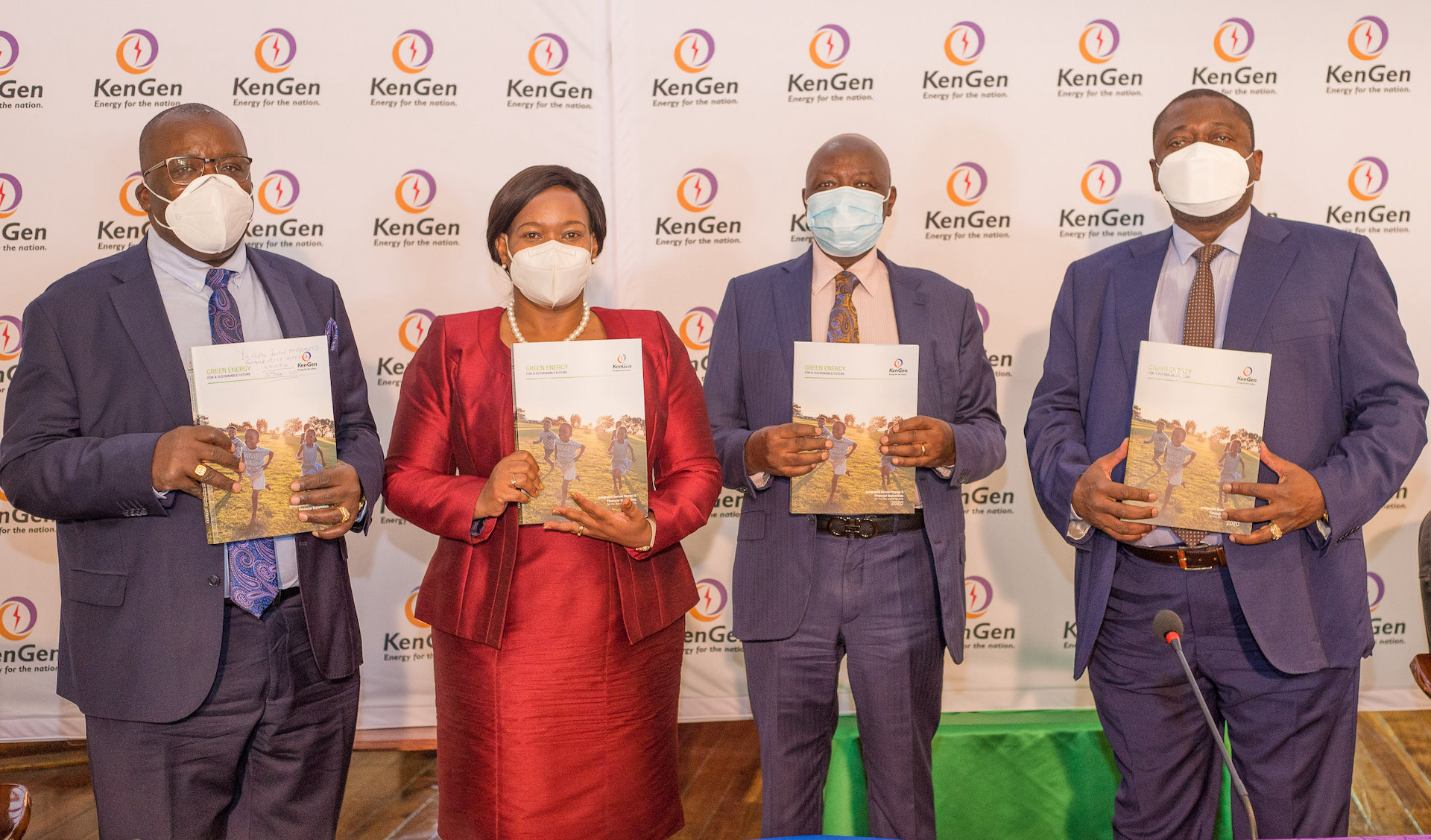 Energy Principal Secretary Eng. Dr. Joseph Njoroge second right KenGen Board Chairman General Rtd. Samson Mwathethe right KenGen Managing Director CEO Mrs. Rebecca Miano and KenGen Finance ICT Director Dr. FCPA John Mudanyleft